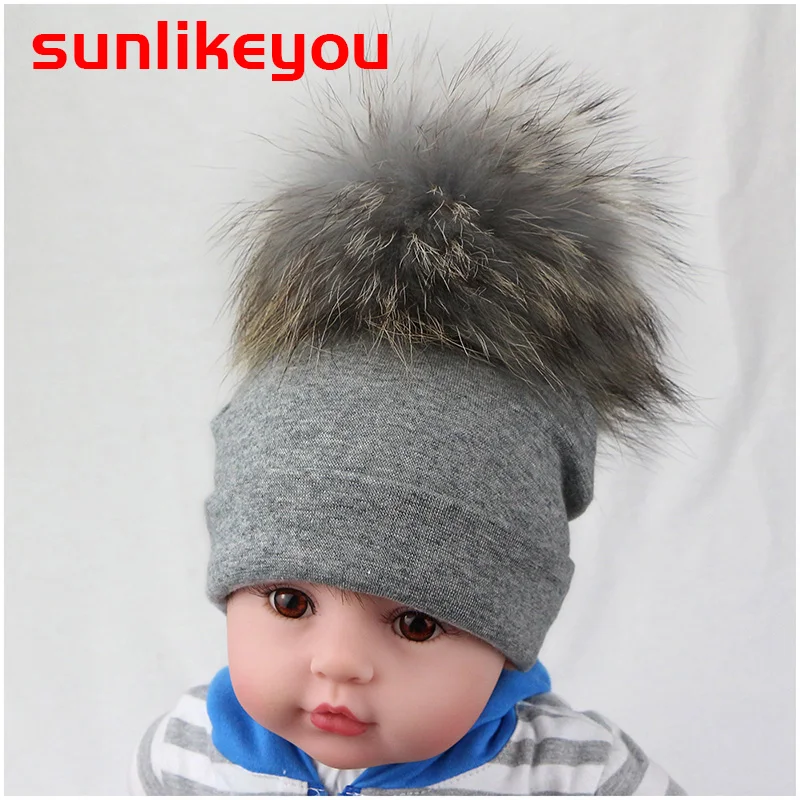 Sunlikeyou шапки для новорожденных мальчиков и девочек настоящий помпон из меха енота теплый детский широкий берет-Боб хлопок Мягкая шапка детская шапка для младенца