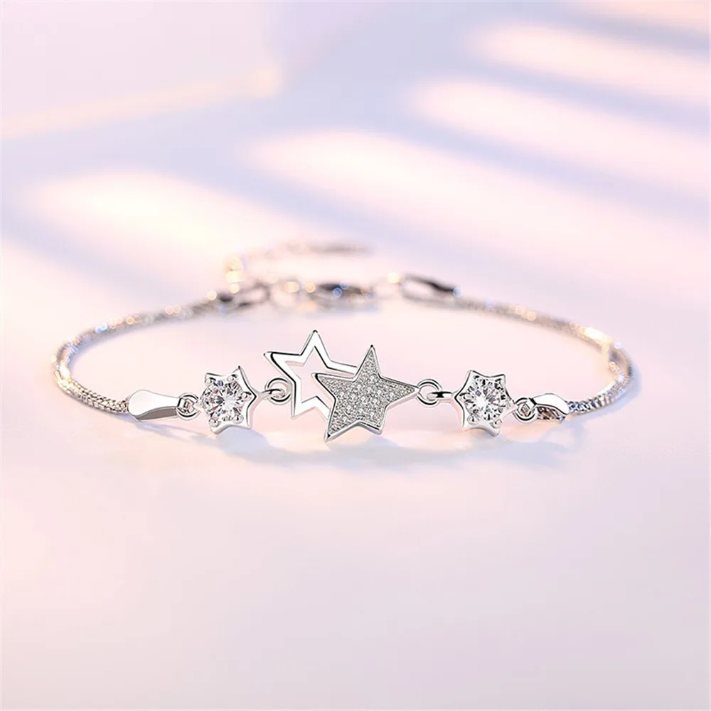 2019 Trendy Simple Eastern Star Bracelet Genuine Sterling Silver 925 Box Chain Braslet Woman Multi Layer Cuff Wristband SB009 | Украшения и