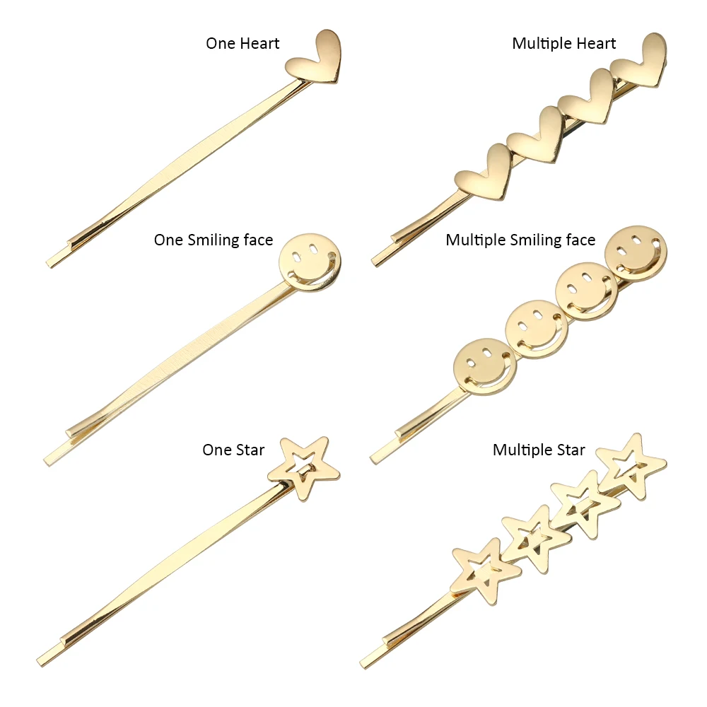 Korea Simple Metal Hairpins for Women Hollow Star Heart Shape Hair Clips Gold Color Smile Face Hairgrip Styling Accessories | Красота и