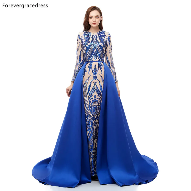 

Forevergracedress Royal Blue Prom Dresses Detachable Train Long Sleeves Holidays Graduation Wear Evening Party Gowns Plus Size