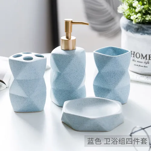 blue-4pcs Керамический набор аксессуаров для ванной комнаты, диспенсер для мыла/держатель для зубной щетки/стакан/мыльница/лоток, Кухонный Контейнер для жидкости для мытья посуды - Цвет: blue-4pcs