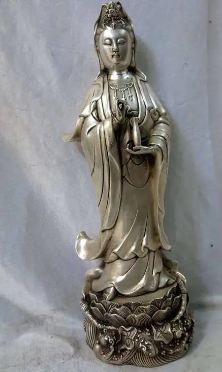 17 &quotКитай Серебро буддизм богиней Гуаньинь чистая бутылка Будды Скульптура