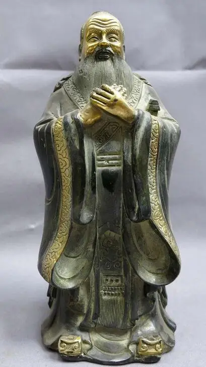 11 &quotкитайская Бронзовая позолоченная резная скульптура Конфуцианская статуя