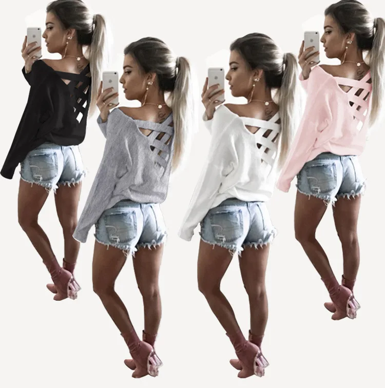 Женская футболка с треугольным вырезом осенняя свободная длинным рукавом |