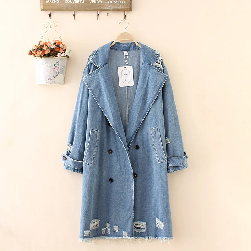 Large size denim trench coat women long Windbreaker Double-breasted suit collar jeans coats female Hole Loose Casual tops G106 | Женская