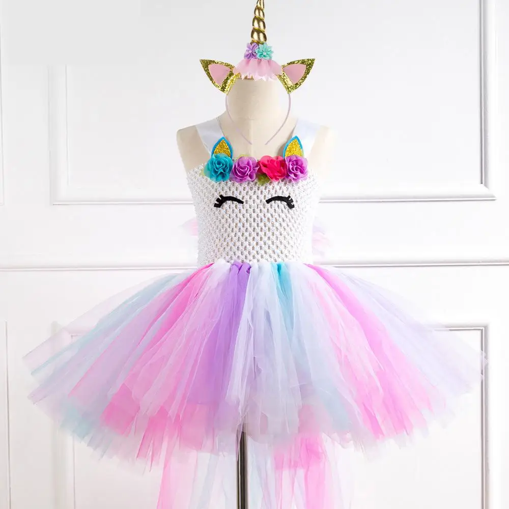 Girls Unicorn Dress Costume Rainbow Tutu Princess Cosplay Birthday Party Children Kids Halloween Carnival Clothes | Тематическая