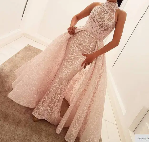 

SuperKimJo Pink Evening Dresses with Detachable Skirt High Neck Lace Elegant Evening Gowns for Women Robes De Cocktail