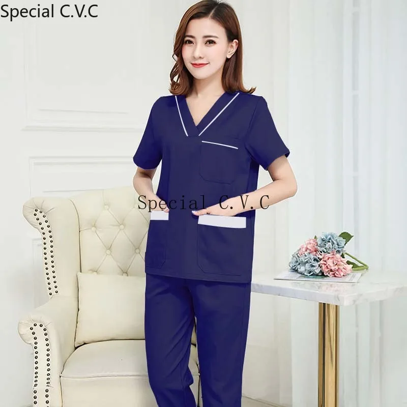 Летняя женская мода скраб набор Классический v-образный вырез воротник топ +