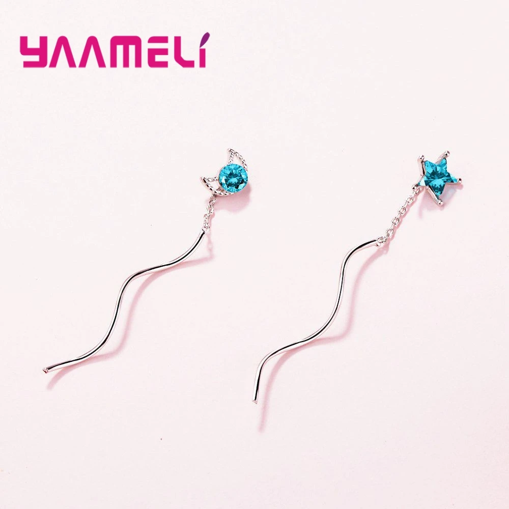 925 Sterling Silver Dangle Earring For Women Shiny Blue Star Top Quality Jewelry AAA+ Cubic Zirconia Wedding Present | Украшения и