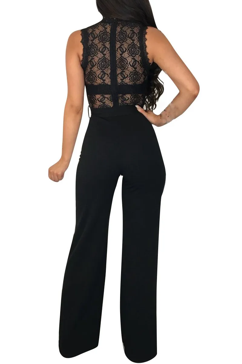 Женский комбинезон без рукавов с кружевной аппликацией повседневный поясом