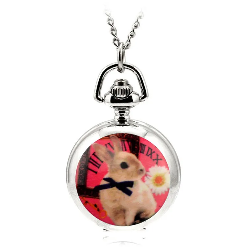 Женские кварцевые часы с цепочкой 80 см милые карманные кроличьим и серебряным