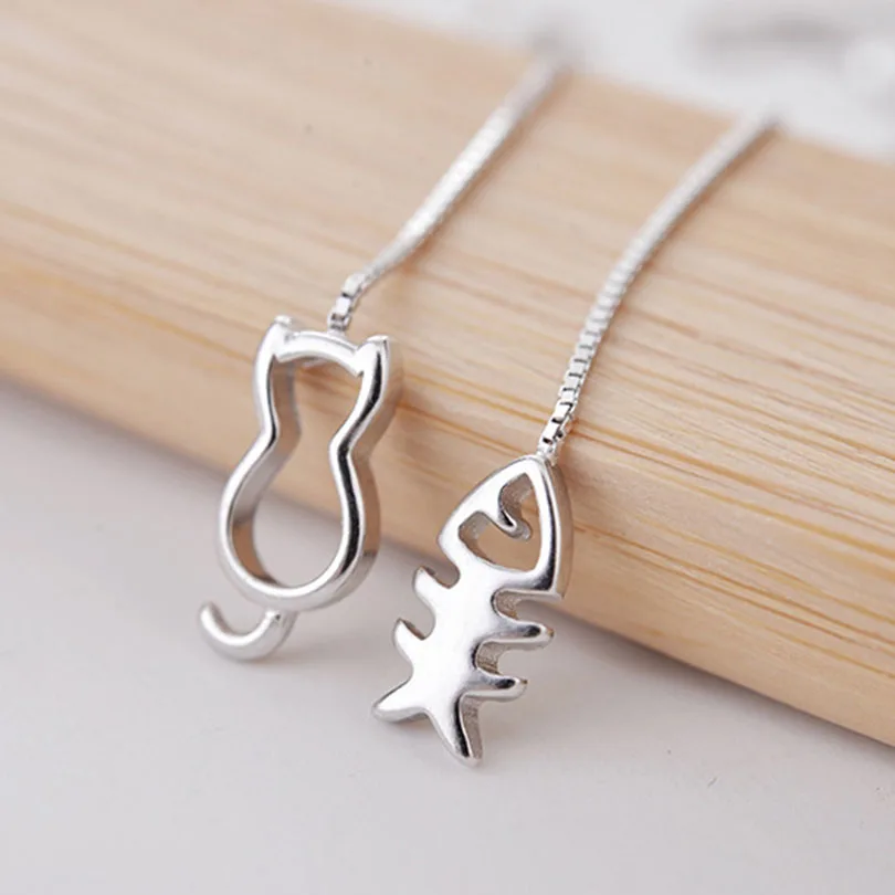 Аутентичные серьги-подвески Charmily с рисунком в виде кота и рыбы Серебристые