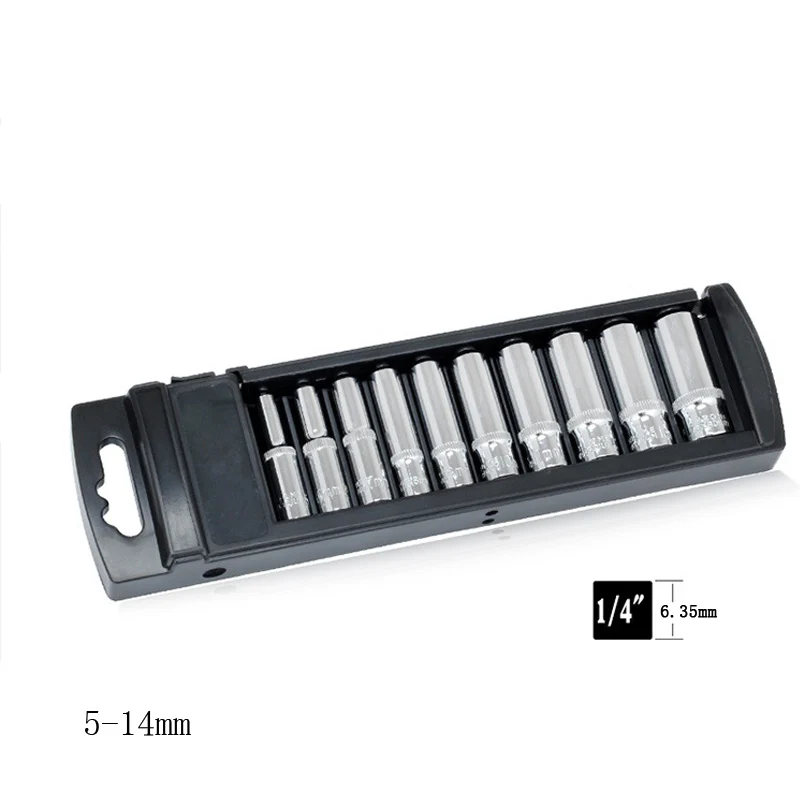

10 Pcs/set 1/4" 5-14mm CR-V Lengthened Universal Socket Wrench Head Hand Tools Inner Hexagon Spanner Allen Head Auto Repair Tool