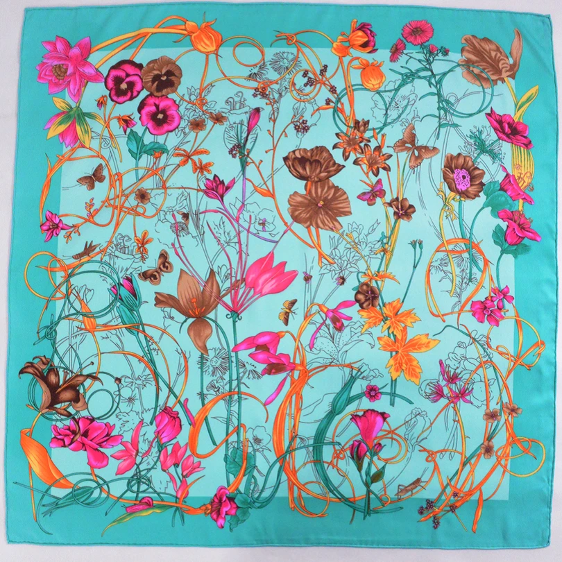 [BYSIFA] синий зеленый шелковый шарф Новый китайский стиль цветочный дизайн