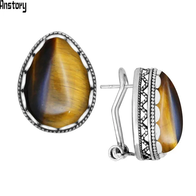 Natural Tiger Eye Висячие серьги-гвоздики с тигровым глазом для женщин, винтажный вид, античный посеребренный цветок сережки с натуральным камнем - Окраска металла: Natural Tiger Eye