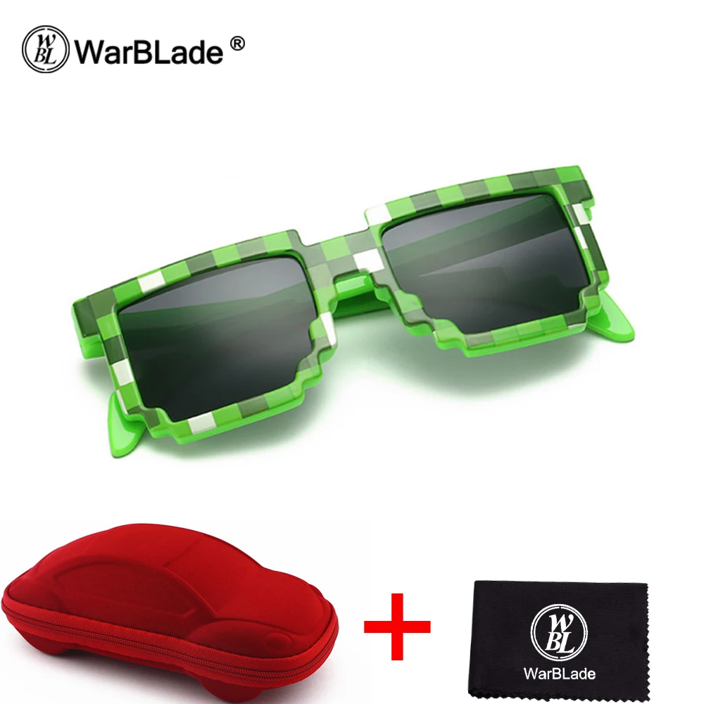 green red case Модная детская одежда Солнцезащитные очки для женщин квадратный мозаика Защита от солнца Очки детей Pixel Солнцезащитные очки для женщин Мода Обувь для мальчиков Обувь для девочек Очки с случае warblade - Цвет линз: green red case