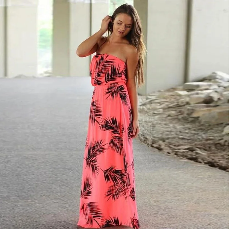 

Women's Long Dress Bohemia Summer Long Dress Ruffles Slash Neck Strap Sleeveless Backless Pleated New Sexy ladies Maxi Dresses