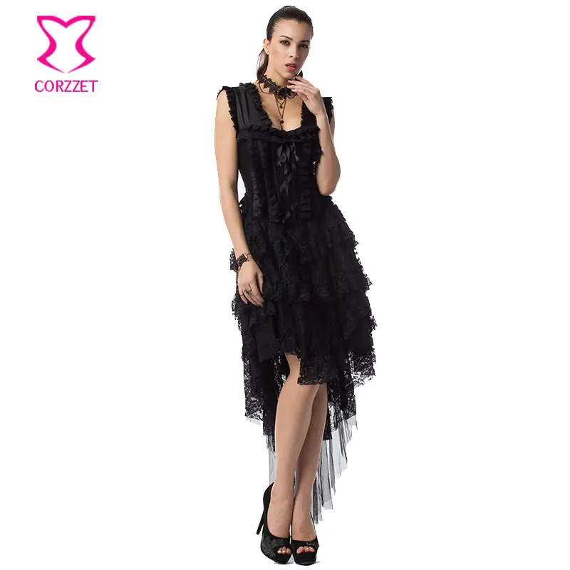 

Black Ruffle Lace Victorian Corset Dress Swallowtail Corsets and Bustiers Gothic Dress Burlesque Masquerade Steampunk Clothing