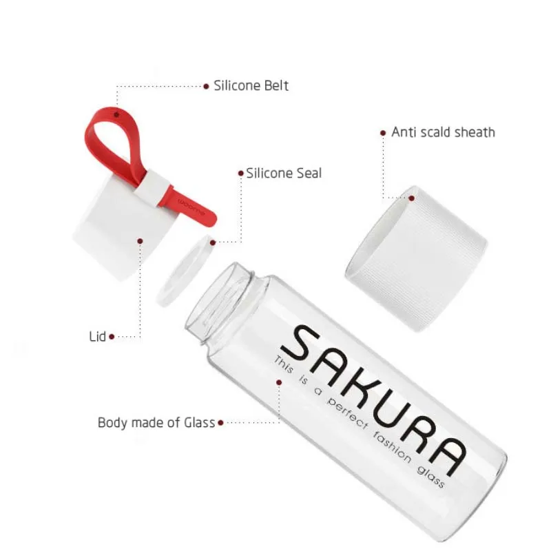 Colorful Silicone Belt Sakura Letters Glass Water Bottle Fashionable and Portable Leakproof Kettle 490ml SH74 | Дом и сад