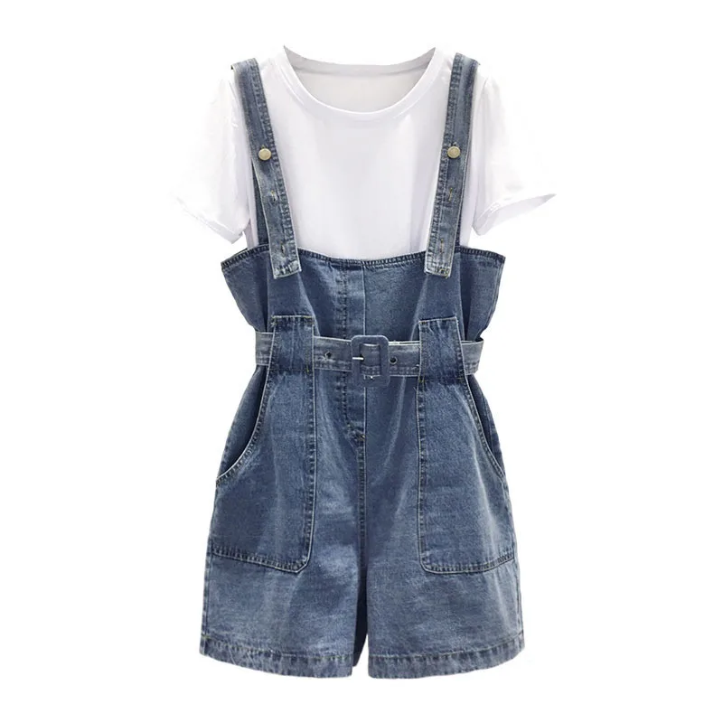 Blue with T-shirt Новинка, летние джинсовые комбинезоны, короткие комбинезоны для женщин, повседневные хлопковые комбинезоны с поясом, шорты, комбинезоны, Salopette Femme, джинсовые комбинезоны - Цвет: Blue with T-shirt