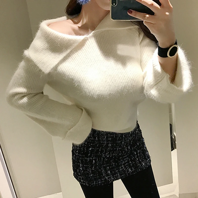 New 2018 Autumn Winter Women Mink Cashmere Sweater Fashion Yellow Knitting Flare Sleeve Ladies Casual Loose Warm Soft Pullovers | Женская