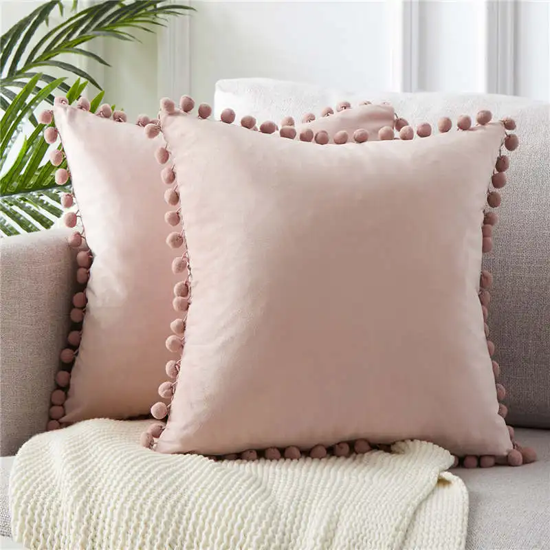 Light Pink-Set of 2 Topfinel, мягкие бархатные Декоративные Чехлы для подушек, роскошная наволочка для подушек, квадратная наволочка с шариками, наволочка для дивана, кровати, автомобиля, 9 цветов - Цвет: Light Pink-Set of 2