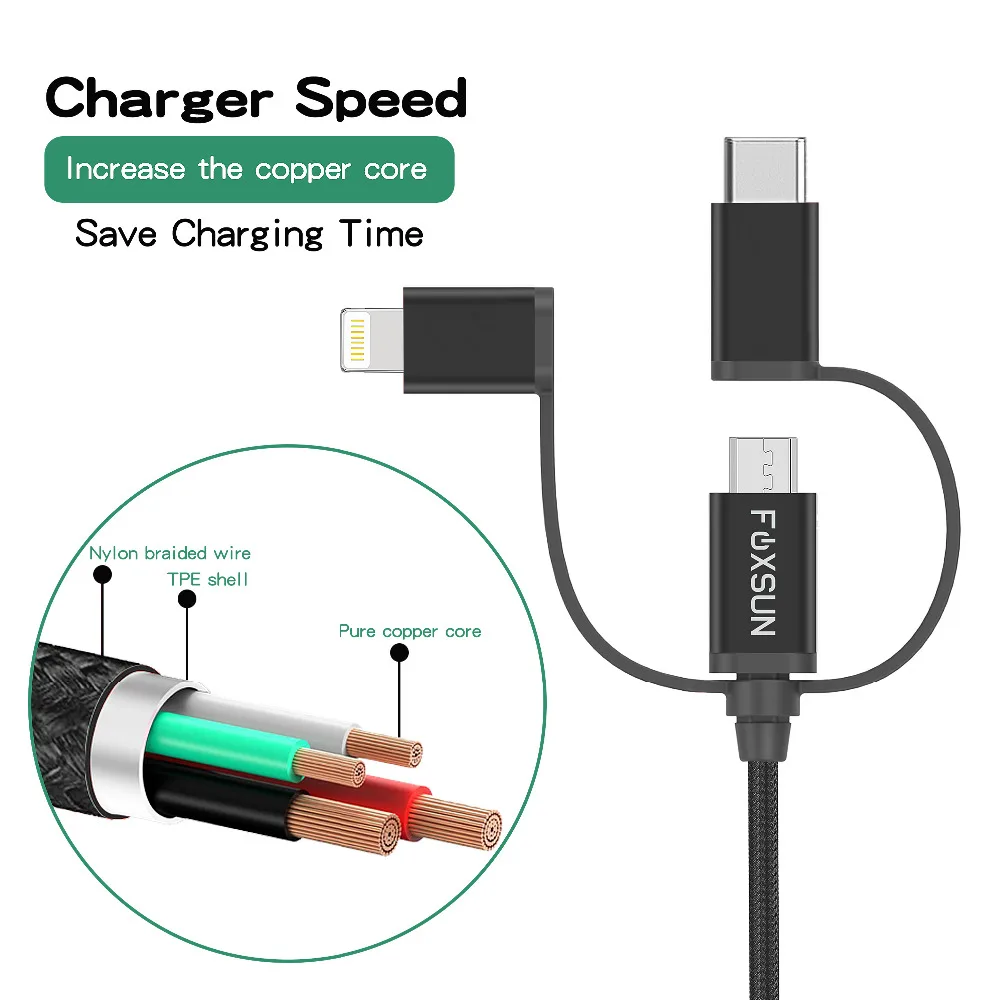 USB кабель 3 в 1 с разъемом Lightning для iPhone 8 7 Micro быстрой зарядки Type C Oneplus 5 Samsung Galaxy S8 LG