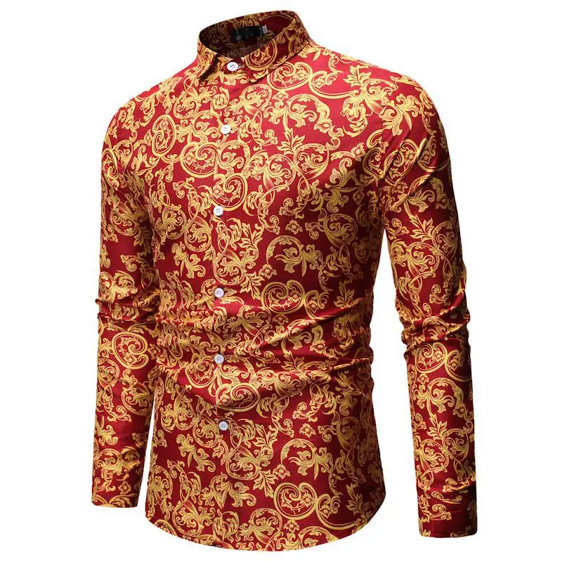 

Brand Hipster Holiday Men Red Gold Floral Print Casual Long Sleeve Dress Shirts Singer stage Slim Hawaiian Beach Shirt Camisa