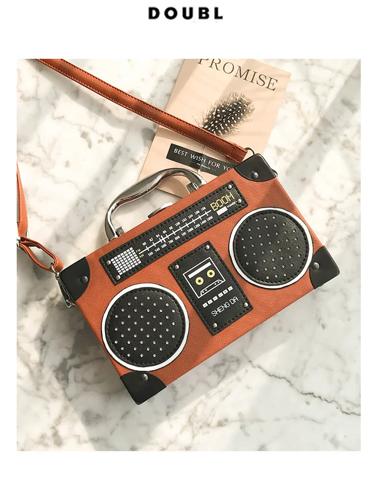 Summer Radio Tape Prints Mini Crossbody Bags for Women Box Shaped Shoulder Bag PU Leather Small Purses Vintage Flap Handbags