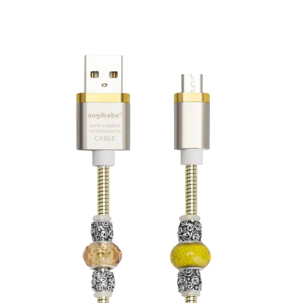 (Золотой) ANGIBABE провод пружинный USB кабель 2A 1 м DIY инкрустированный Алмазный