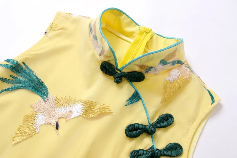 Женское винтажное платье с вышивкой желтое Сетчатое ТРАПЕЦИЕВИДНОЕ без рукавов