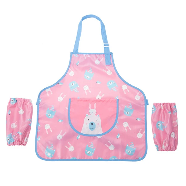 Pink Bear 1 комплект, Детский фартук с рисунком мороженого, комплект манжет для кухни, художественная выпечка, живопись, передник, рукав, ПУ, водонепроницаемые фартуки - Цвет: Pink Bear