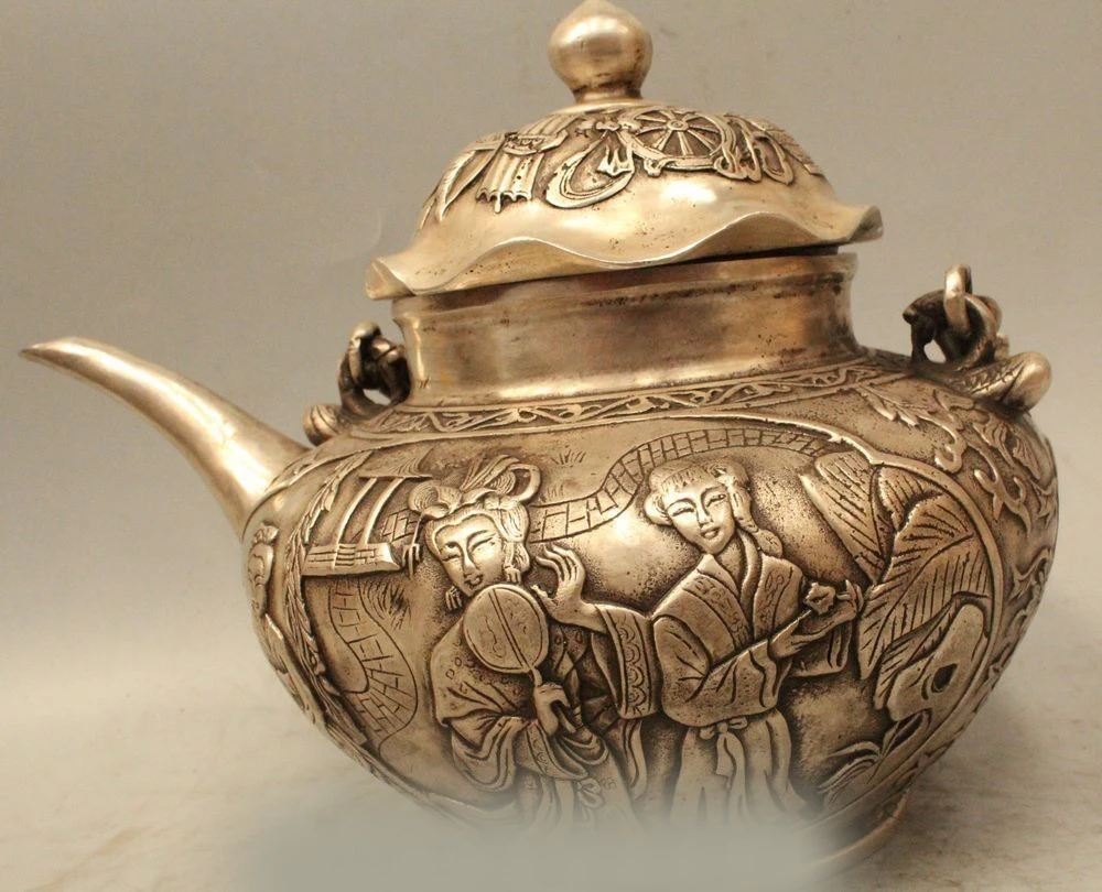 DS 9 &quotКитайский Тибет Серебряный Династия Дворец 8 сокровище Четыре Belle Вино Tea Pot
