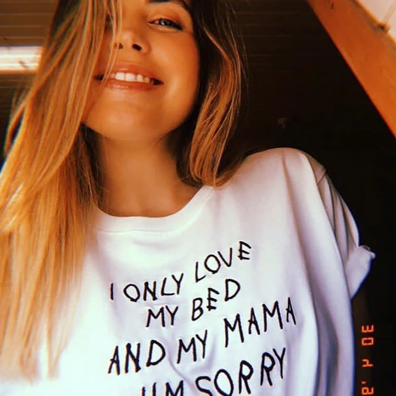Женская футболка из хлопка с надписью I only love my bed and mama|Футболки| |