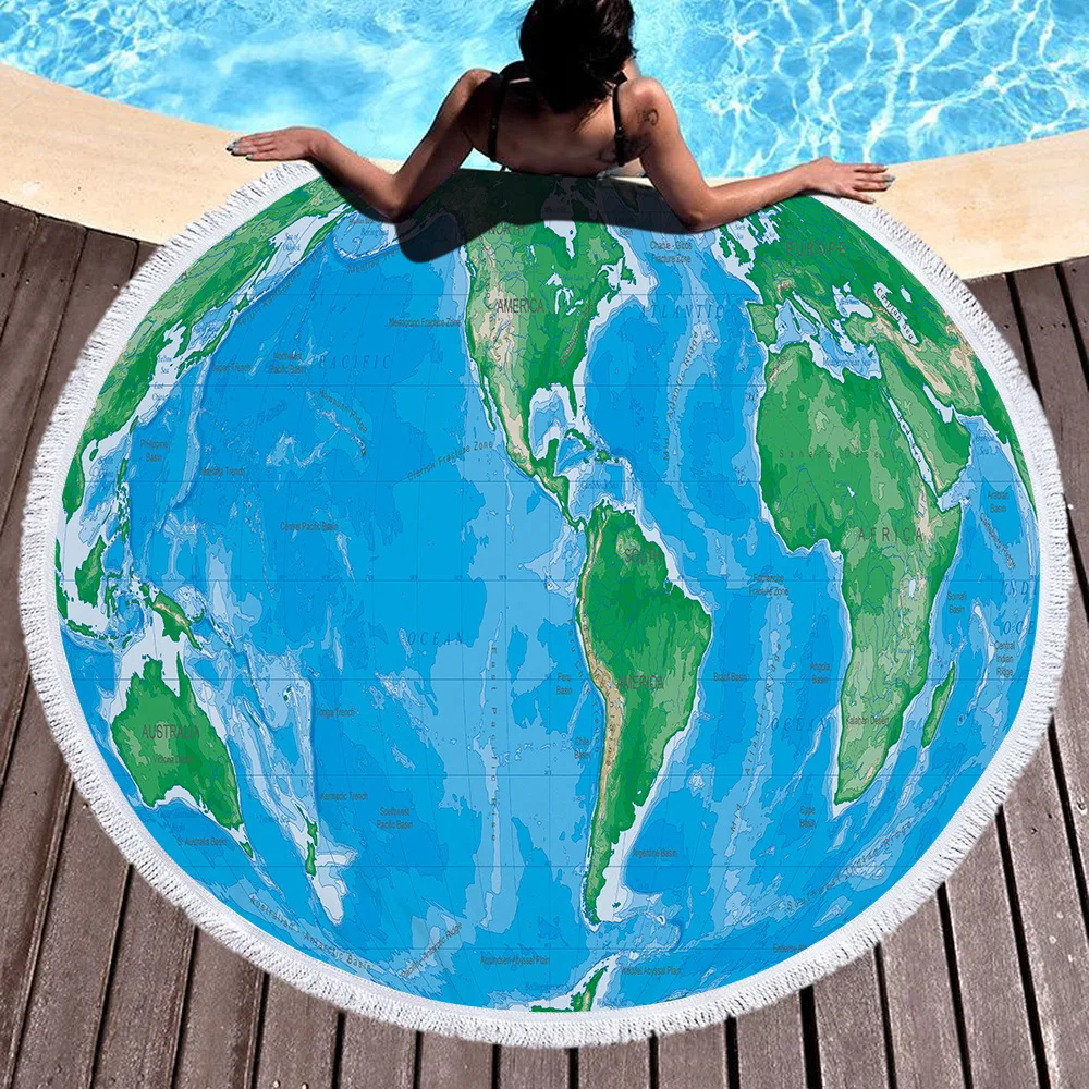 150cm World Map Printed Large Round Beach Towel Microfiber With Tassels Thick Terry Cloth Towels Serviette De Plage | Дом и сад