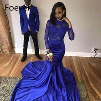 african royal blue mermaid prom dresses 2019 gala jurken black girls women imported party dress long sleeves formal evening gown