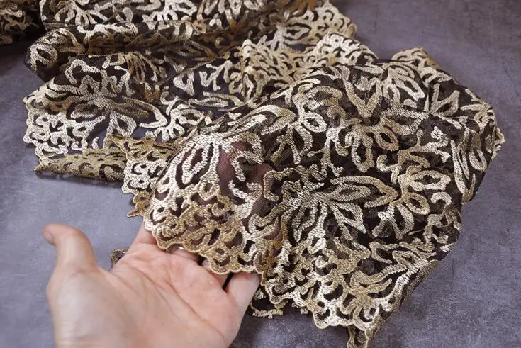 Кружевная Сетка с вышивкой черная золотистого цвета 3 метра 32 см ширина|lace