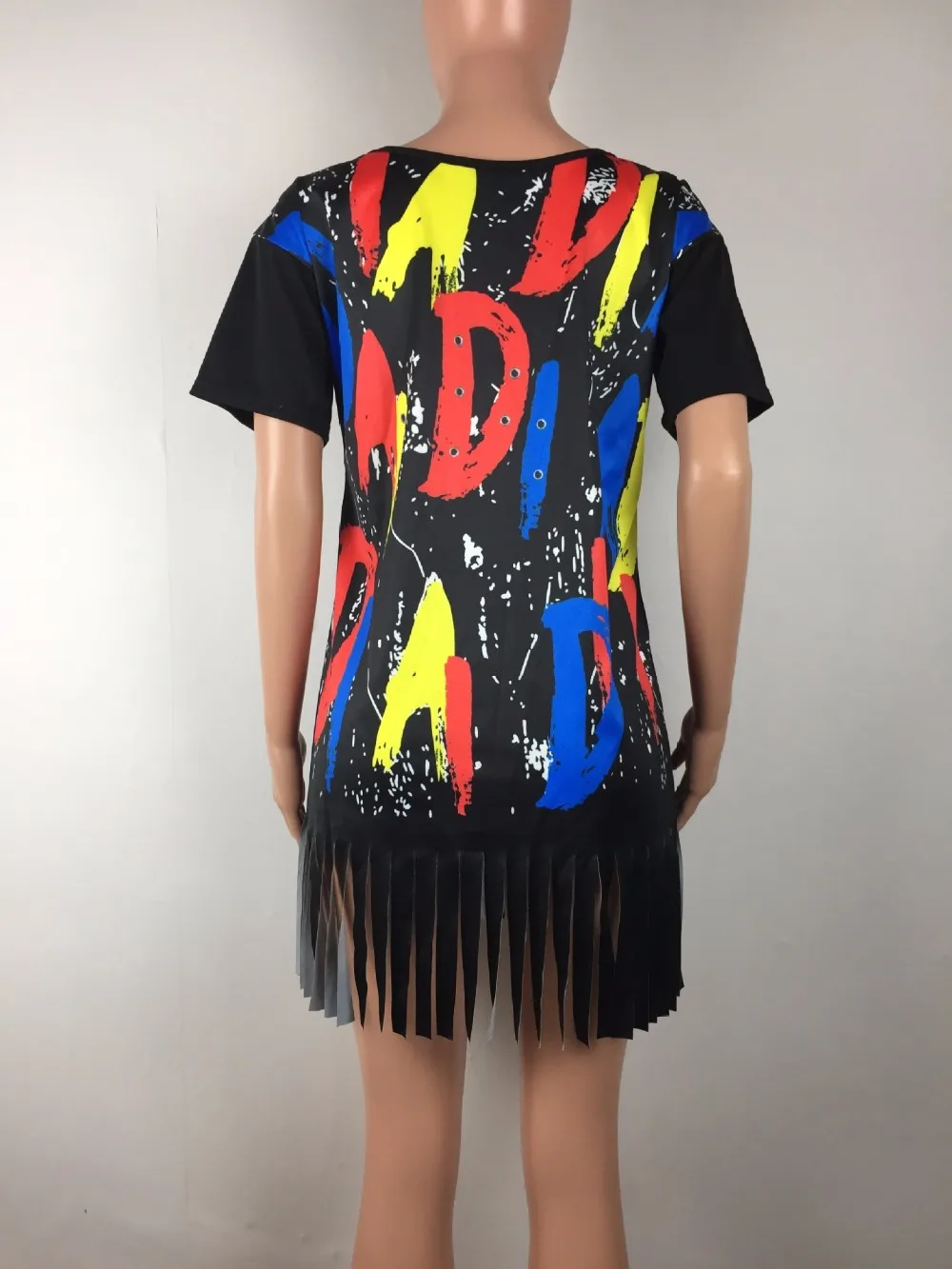 

OMILKA 2019 Summer Women Short Sleeve O Neck Letter Printed Tassel Dress Casual Loose Black Hollow Out Plus Size Dress