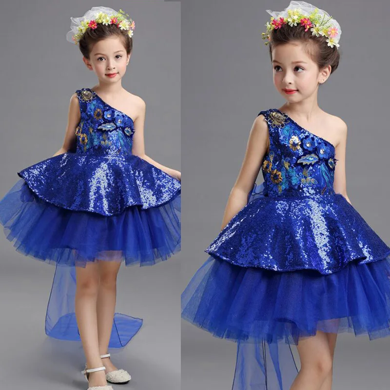 Голубое желтое платье с блестками для девочек свадьбы вечеринки Бальные