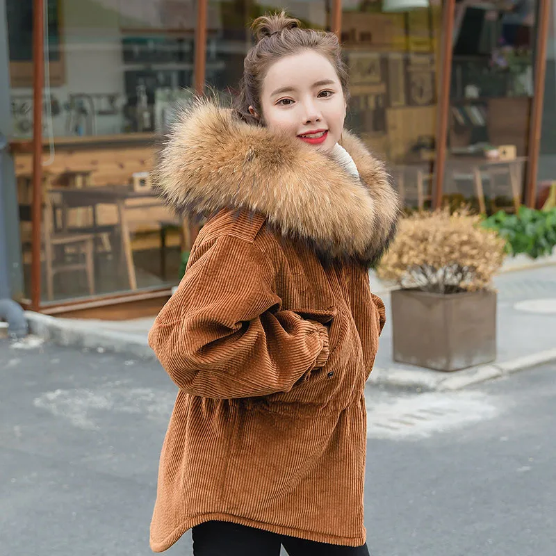 Новинка 2018 Женское зимнее пальто Вельветовая верхняя одежда большой меховой