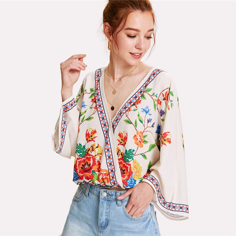 SHEIN Цветочный Топ Летние Цветочные Блузы С V-образным Вырезом С Длинным Рукавом