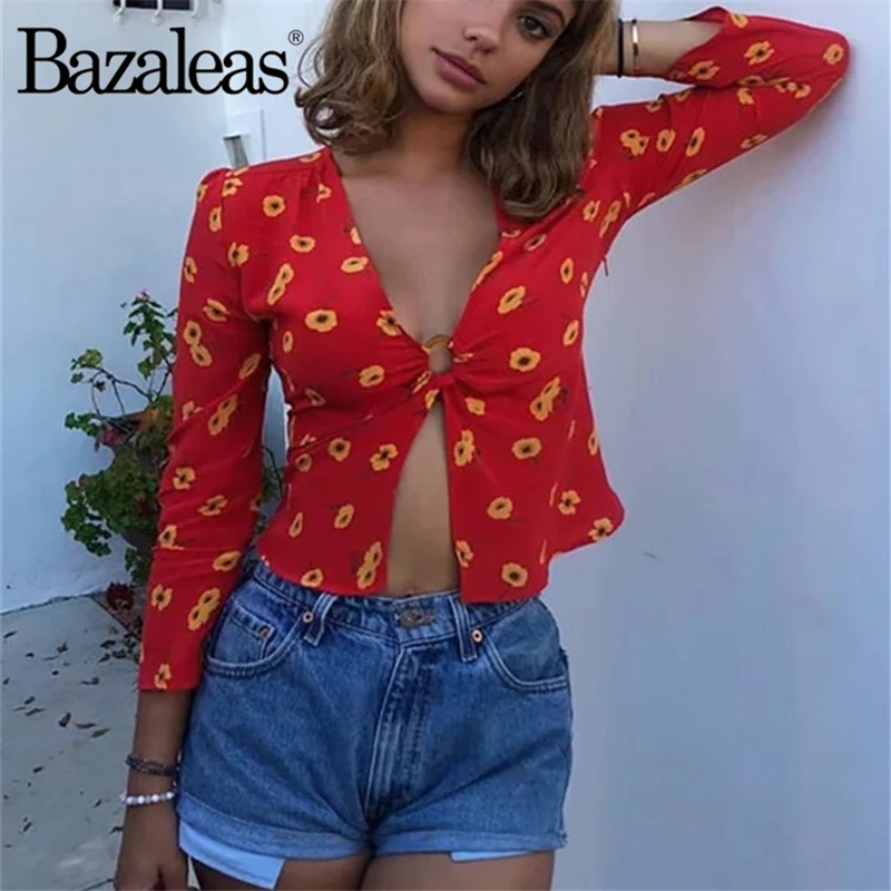 Bazaleas 2019 центр круг Для женщин футболка Винтаж цветочным принтом s Модные топы