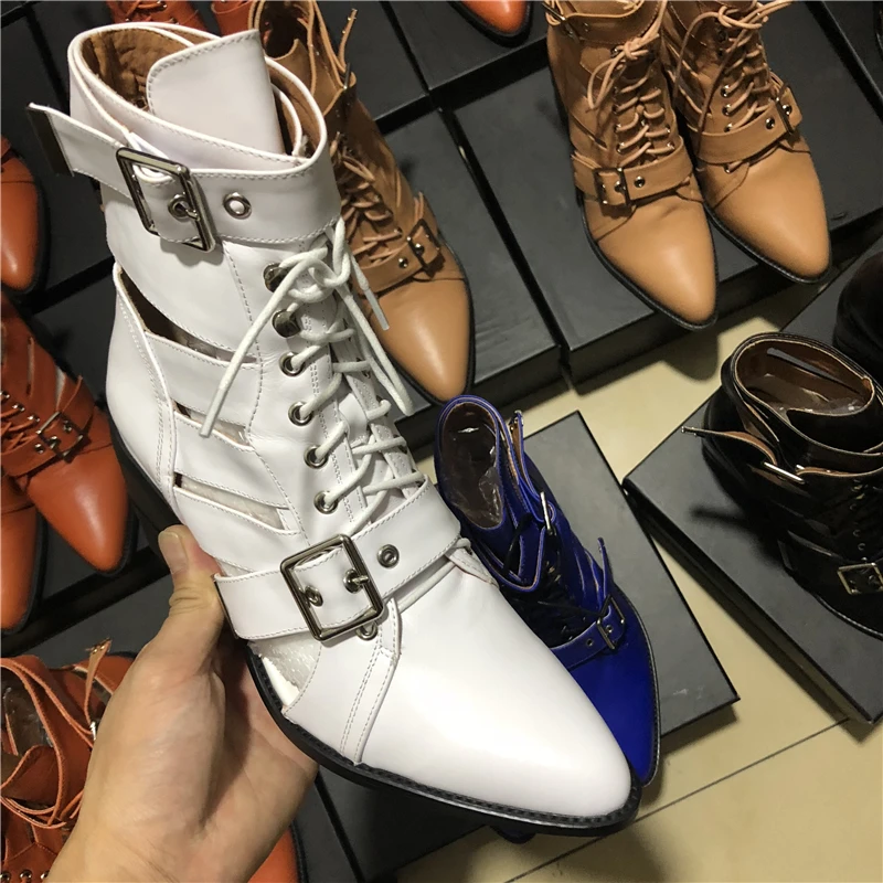 MStacchi Brand Design Snake Skin Genuine Leather Boots Woman Pointed Toe High Heels Ankle Boots Buckle Lace Up Women Boots