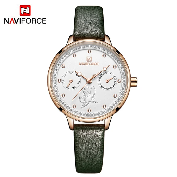 green Naviforce Для женщин часы модные кожаные кварцевые, на ремешке часы Дата Неделя Повседневное наручные часы, подарок для девушки женские часы - Цвет: green