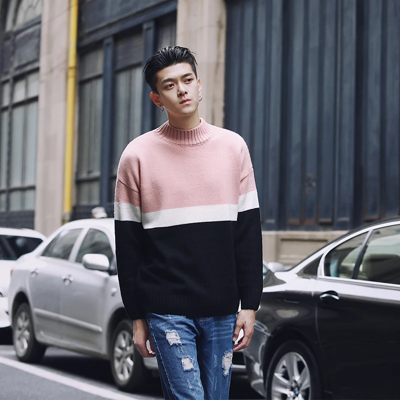 Patchwork knit sweater korean men fashion clothing mens pullover sweaters erkek kazak pull homme black green grey pink | Мужская одежда