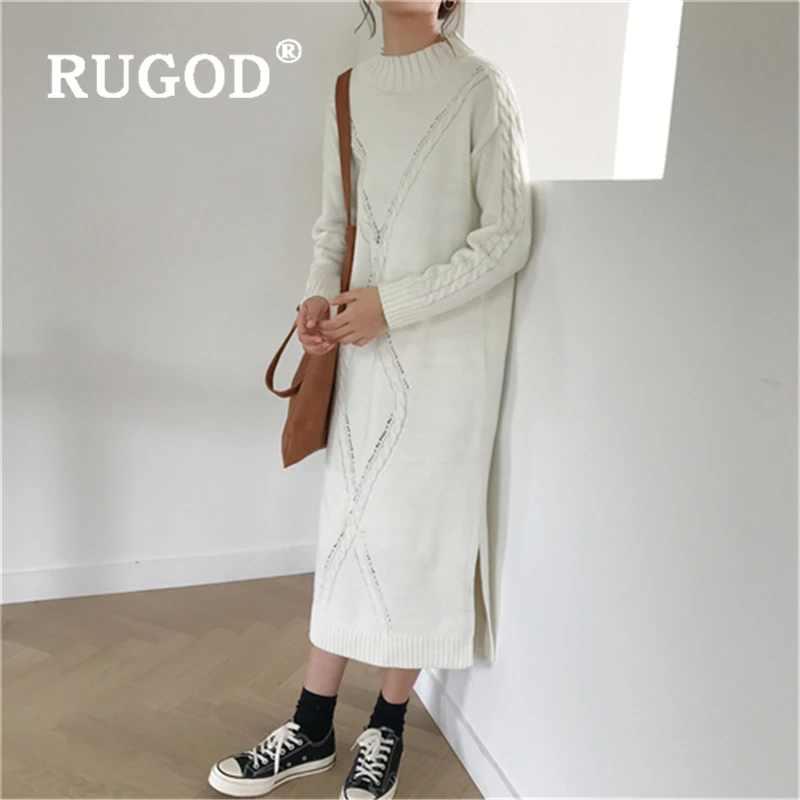 RUGOD новое осеннее вязаное женское платье корейский шик витой круглый вырез