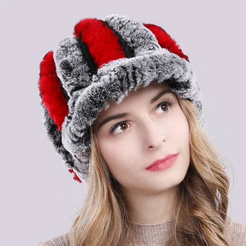 grey red Новинка, настоящий мех кролика, женская зимняя шапка, натуральный настоящий мех кролика, шапка для женщин, вязаная, теплая, натуральный мех, шапки - Цвет: grey red