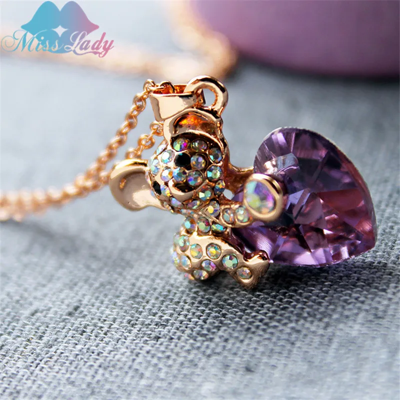 Miss Lady розовое золото цвет стразы милый синий коала Медведь Сердце ожерелья 2021