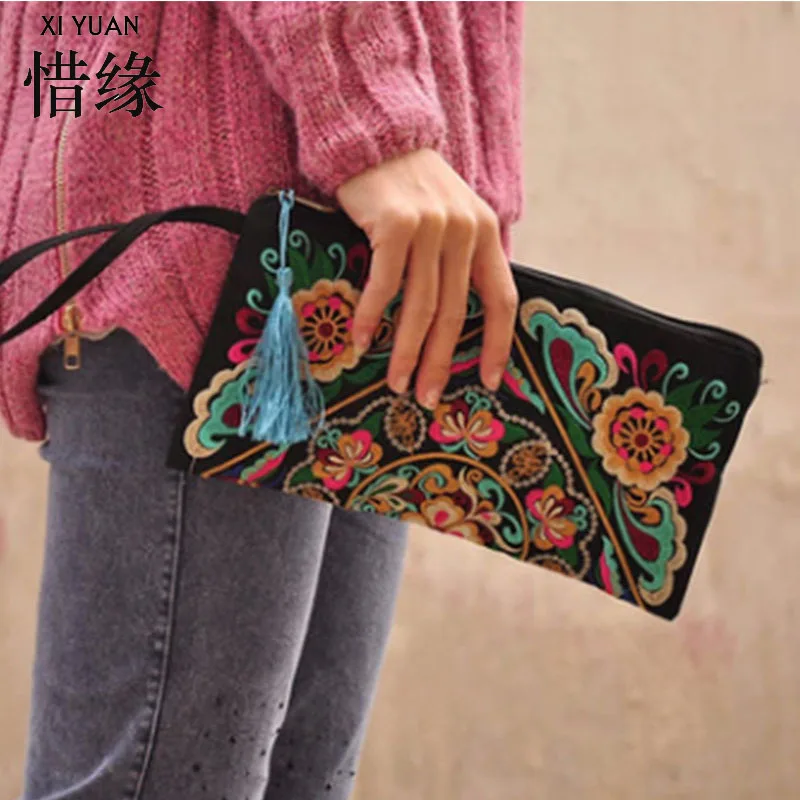 

XIYUAN BRAND women ladies ethnic embroidered clutch vintage bags canvas embroidery handmade purses and handbags wallet