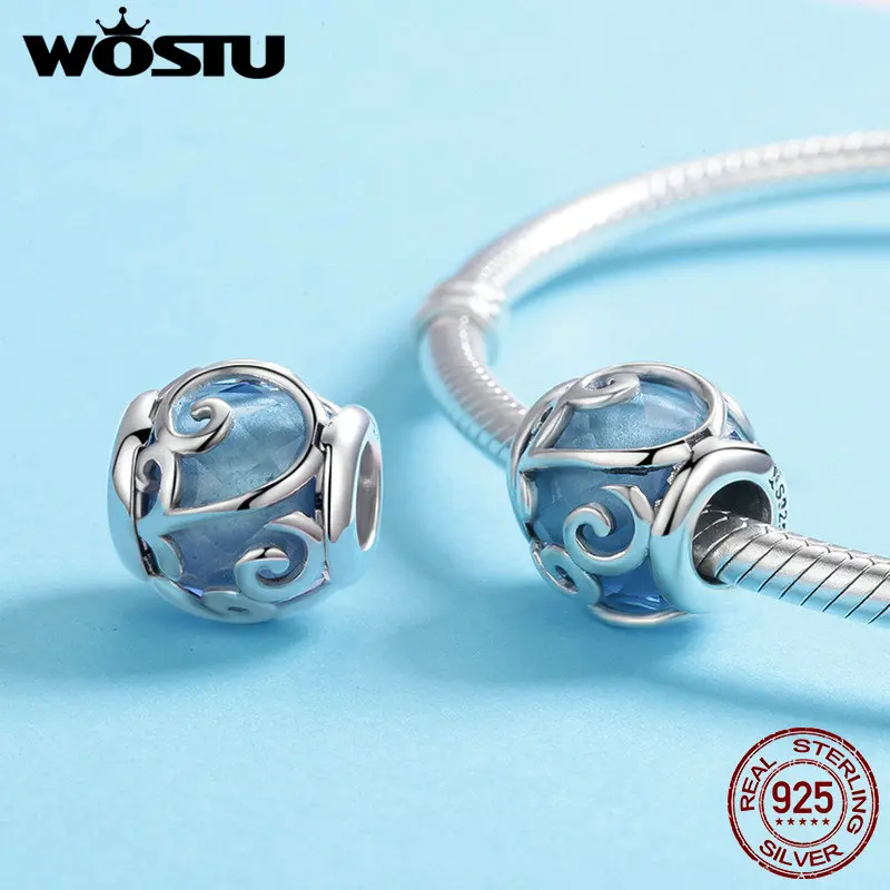 WOSTU, 925 пробы, серебряный светильник с танцующими волнами, голубой кристалл, камень, очаровательный бисер, подходит для женщин, очаровательный браслет, сделай сам, ювелирное изделие CQC557